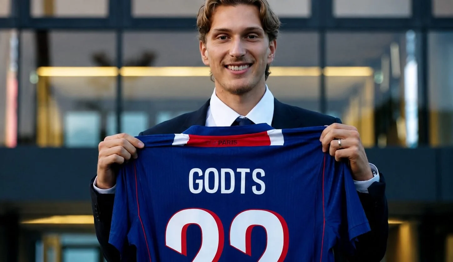 Spanduk raksasa Ajax Amsterdam dekat Menara Eiffel untuk Mika Godts