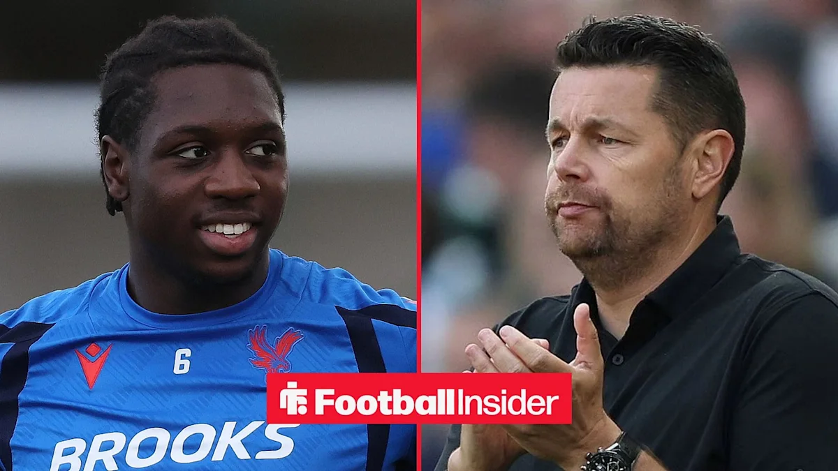 Bek Crystal Palace Jaydee Canvot berebut bola dalam laga Premier League