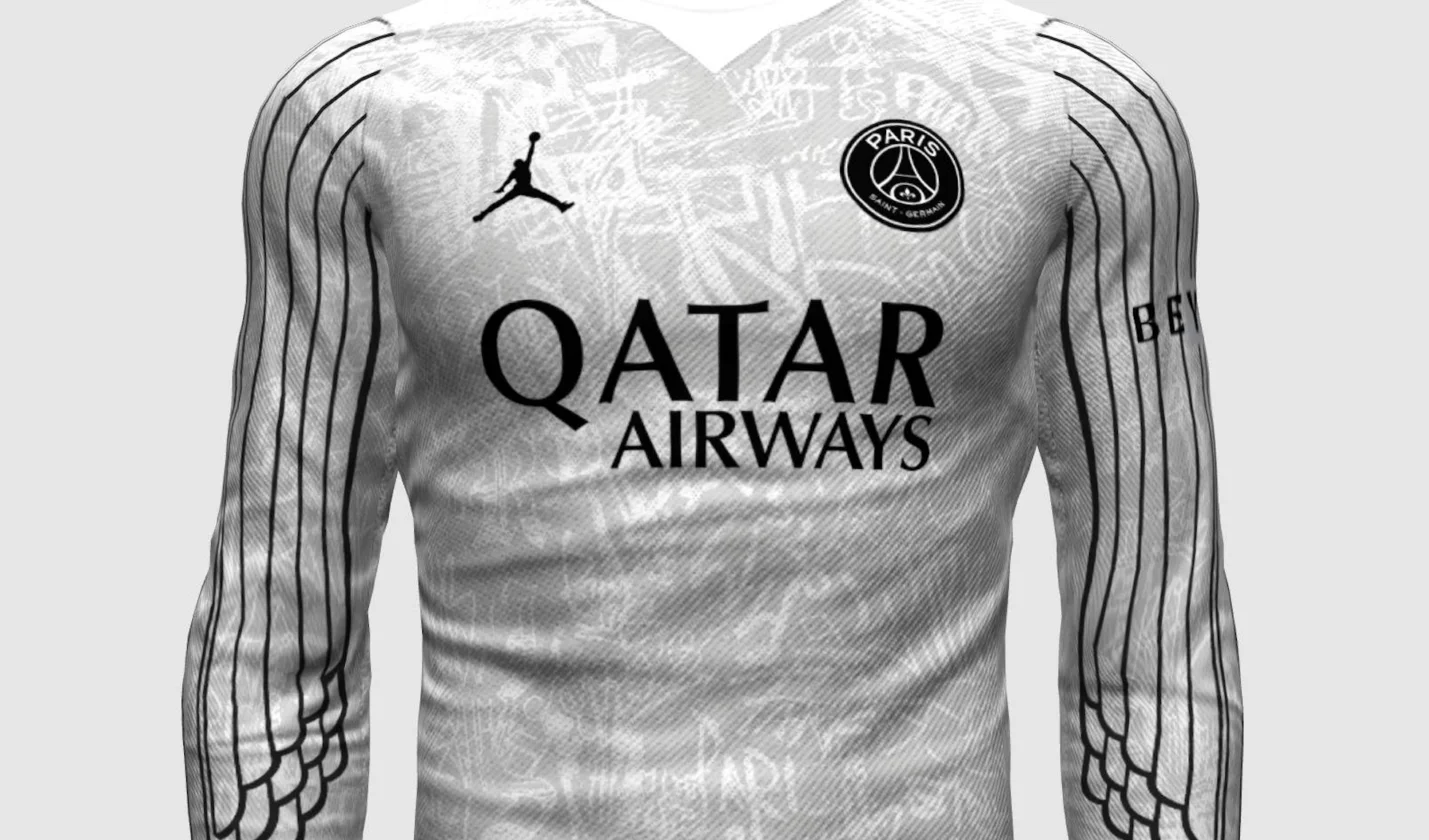 Jersey keempat PSG Jordan Wings 2.0 warna putih dengan motif sayap hitam