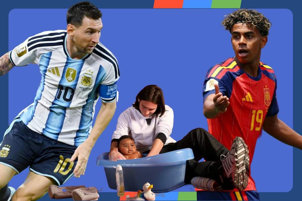 Lionel Messi muda memandikan bayi Lamine Yamal di dalam baignoire.