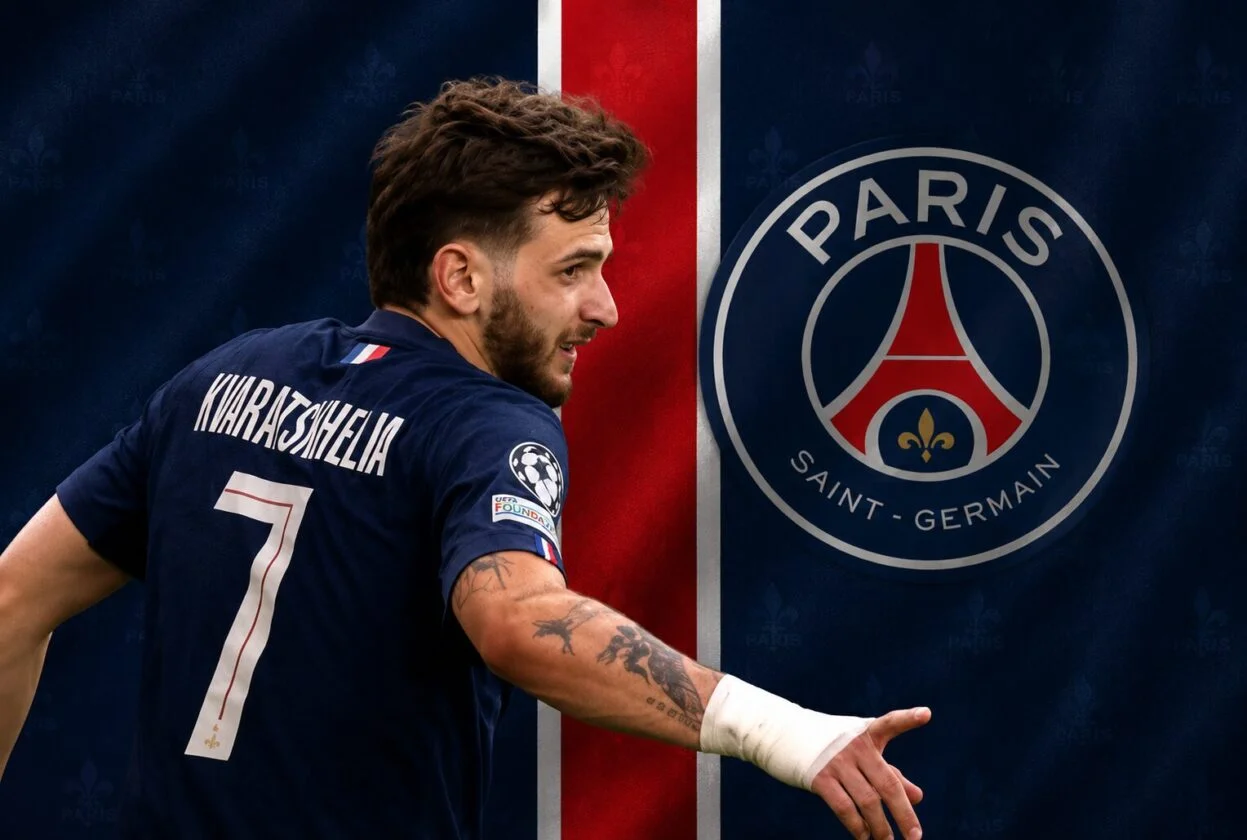 Khvicha Kvaratskhelia berduel dengan pemain Monaco di Parc des Princes