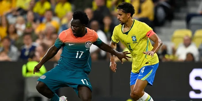 Marquinhos tampil penuh saat Brasil seri 1-1 lawan Australia di Townsville