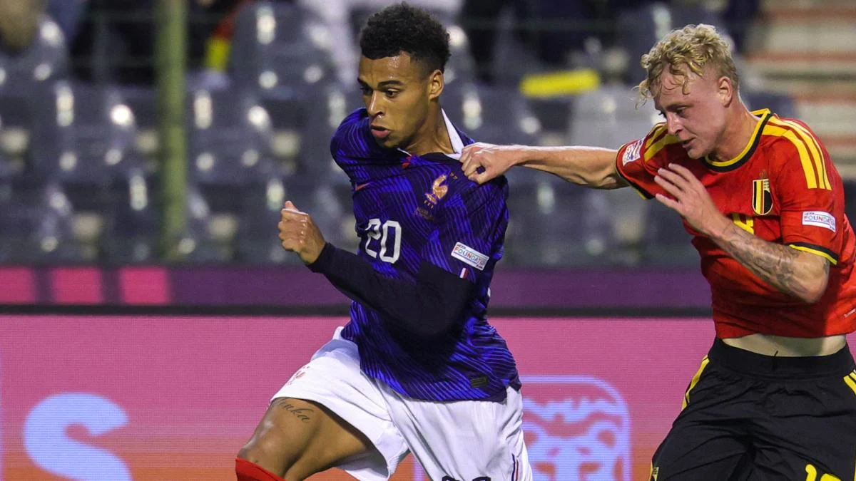 Michael Olise merayakan gol kemenangan Prancis atas Belgia di Liga Nations
