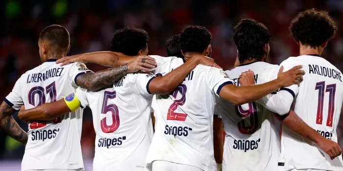 Ousmane Dembele pemain PSG beraksi dalam laga melawan Brest di Ligue 1