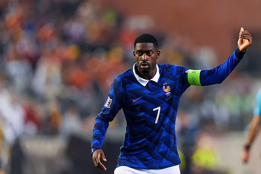 Ousmane Dembele penyerang PSG dan Timnas Prancis saat konferensi pers jelang lawan Italia