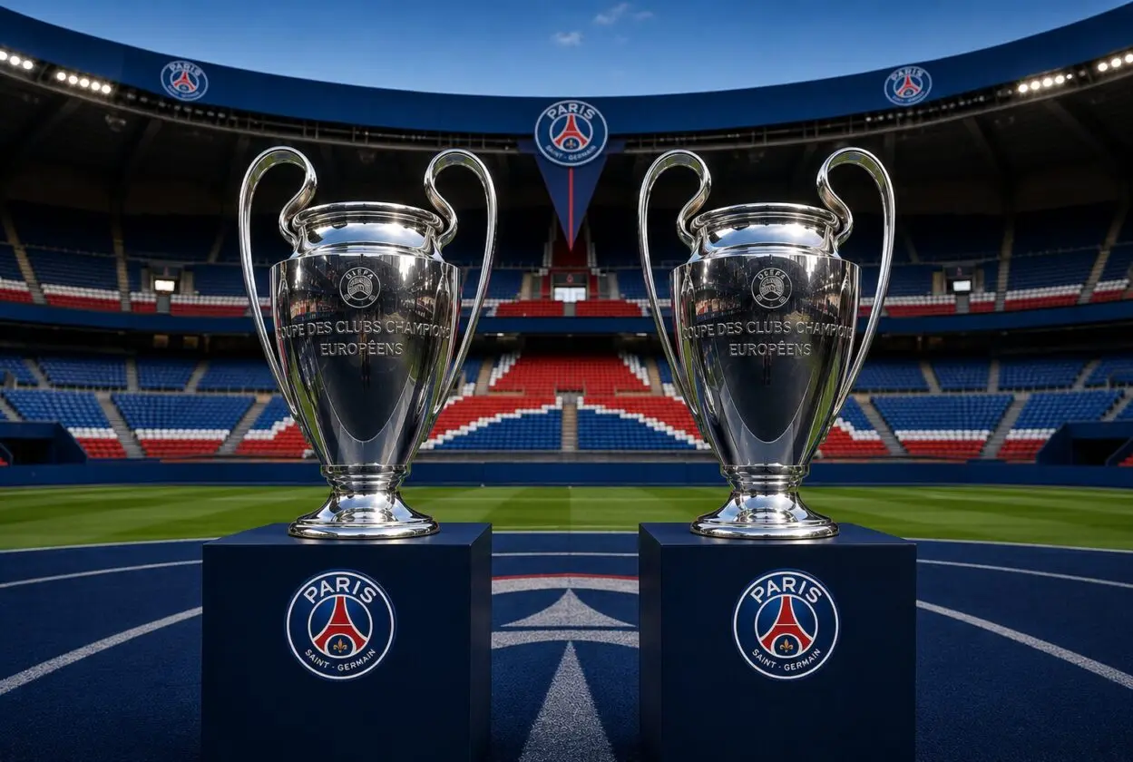 Logo UEFA Champions League dengan tumpukan uang euro dan logo PSG