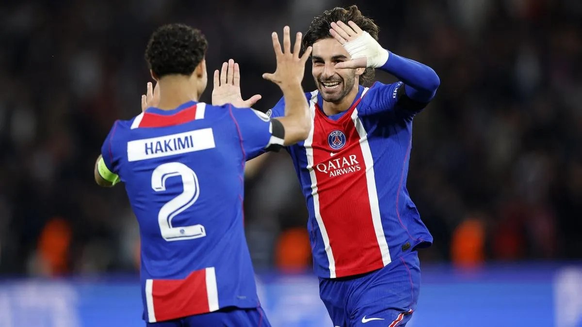 Pemain PSG merayakan gol kemenangan 6-1 melawan Slovan Bratislava di Parc des Princes