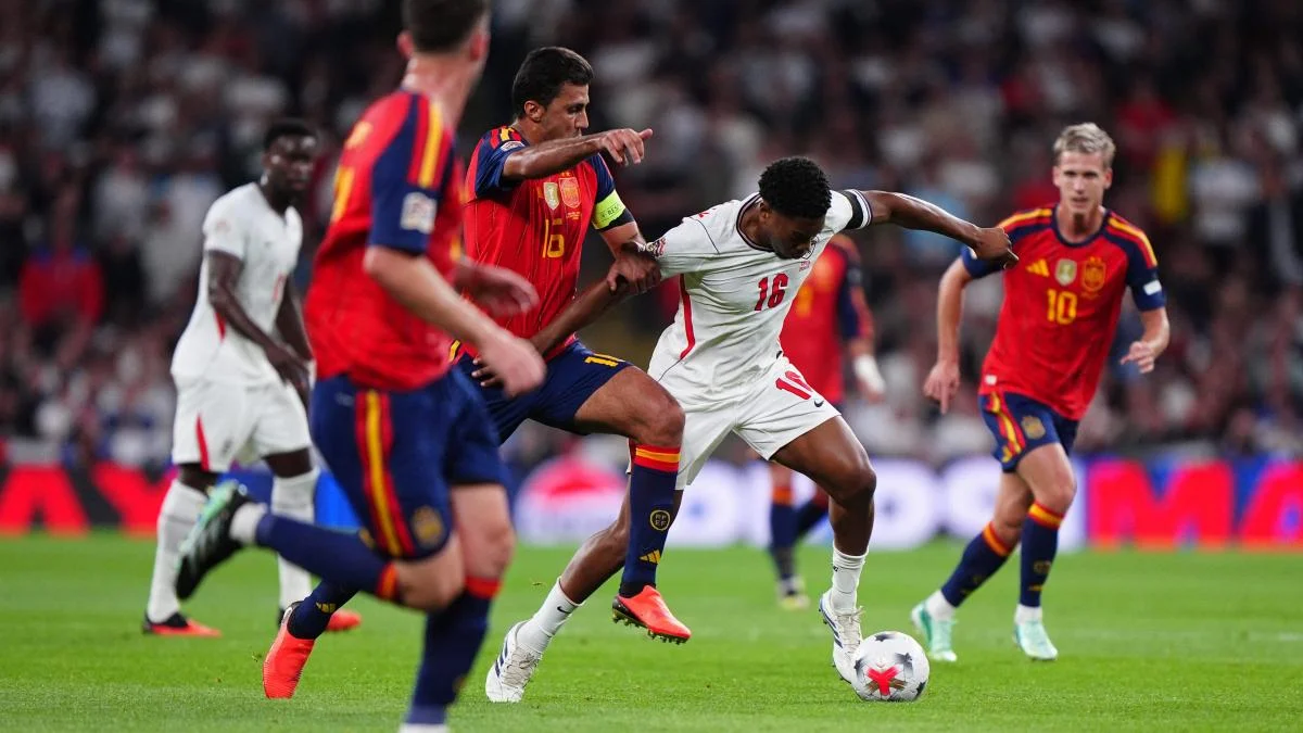 Para pemain Spanyol merayakan gol kemenangan atas Inggris di Wembley Stadium pada laga Ligue des Nations